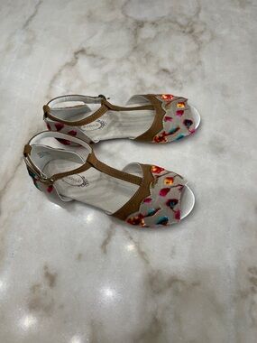 Joyfolie Girls Multicolor Floral Embroidered Tan Stella Flat Sandals